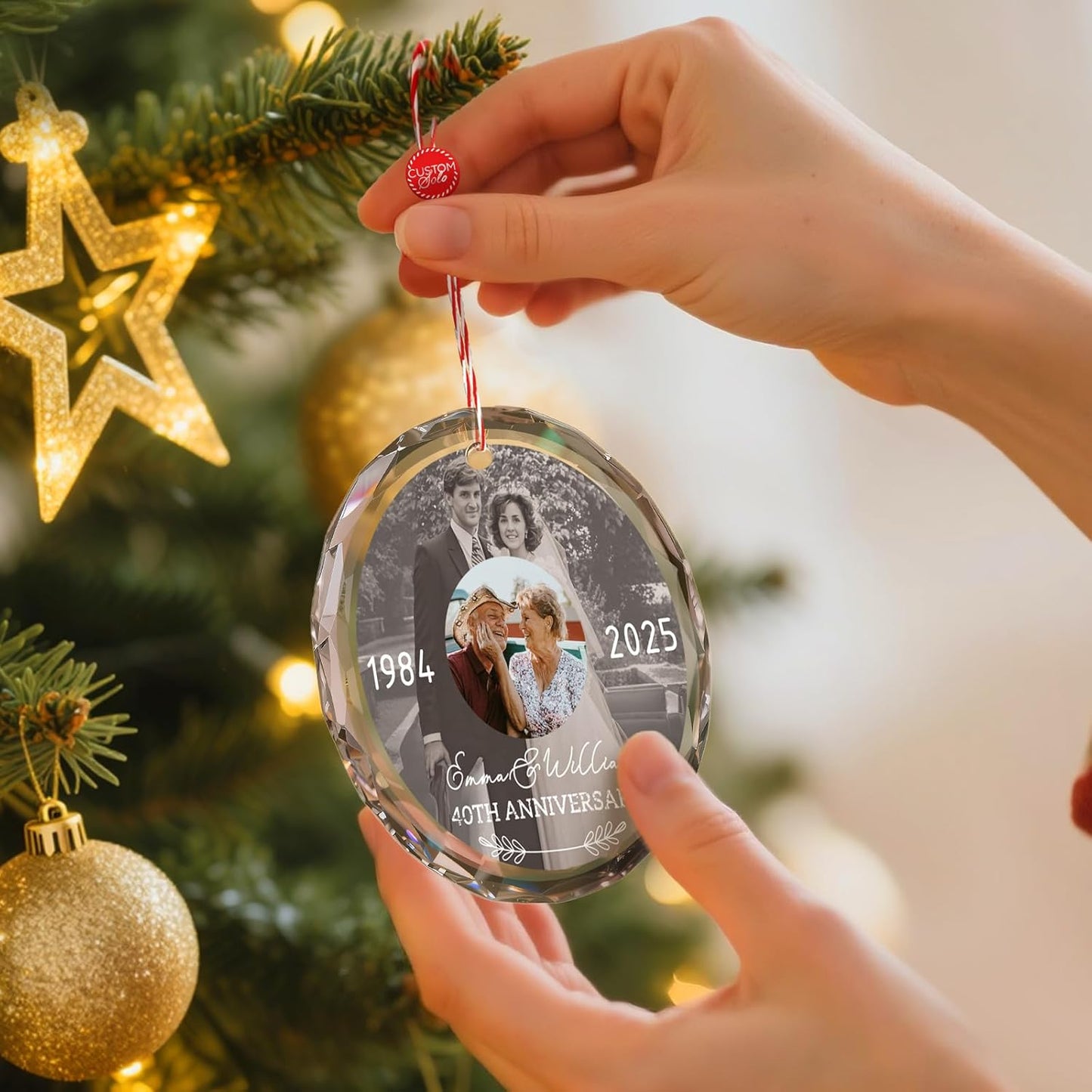 Bemaystar Personalized Wedding Anniversary Ornament with 2 Photos - Then and Now Photos, Personalized Anniversary Ornament with Date Text, Custom Ornaments, Xmas Gifts for Couples Parents Grandparents