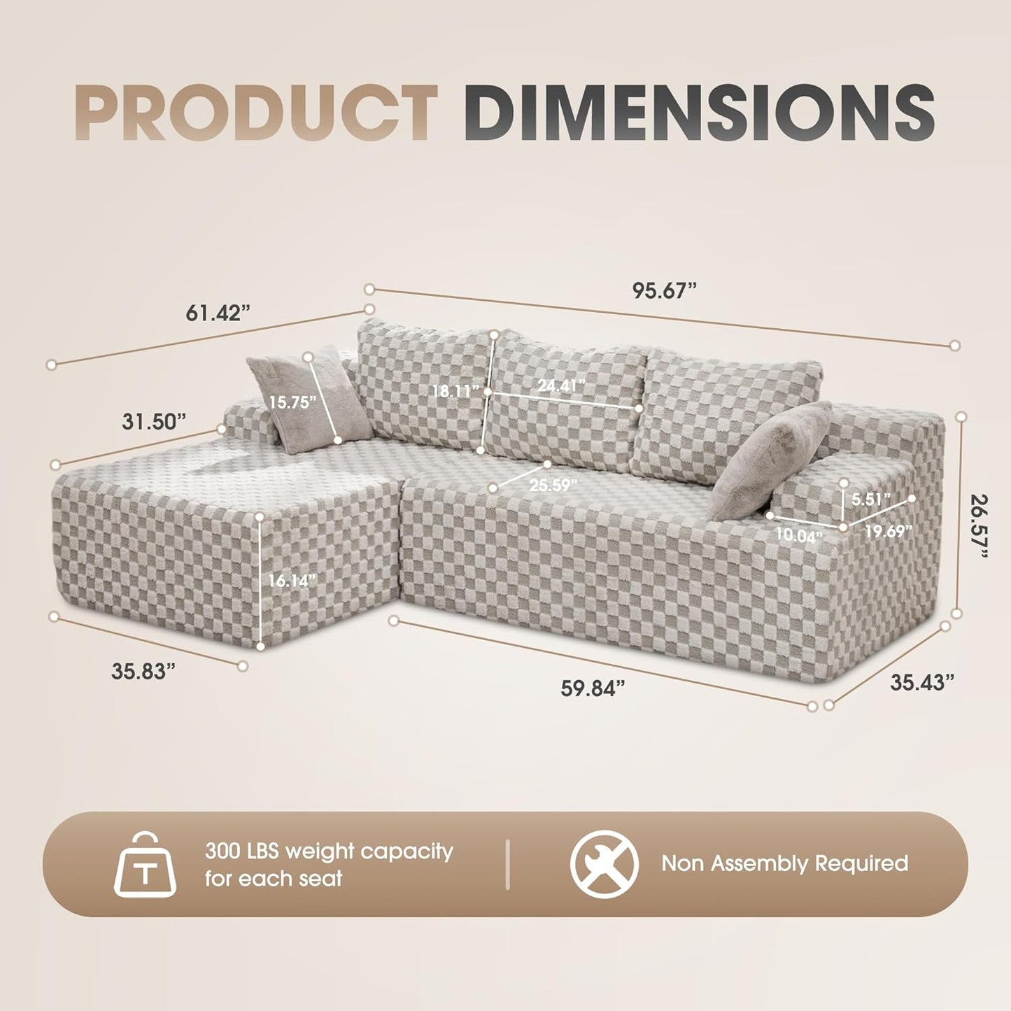 Hobestluk 96“ Modular Sectional Sofa Couches L-Shape Couch 3 Seat Modular Sofa Sectional Couches for Living Room, Cloud Couch with Oversized Chaise (Greygreen, Checked (Left Facing Chaise))