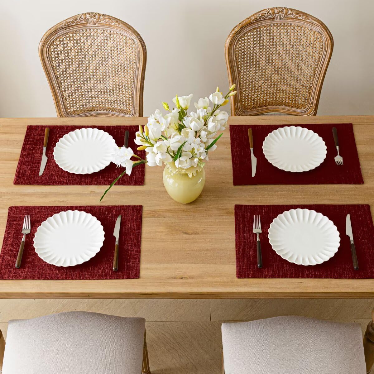 Christmas Placemats Set of 6, Bilayer Thickened Linen Place Mats Heat Resistant Machine Washable Wrinkle Free Carefully Selected Polyester Mats for Kitchen/Dining/Coffee Table (Deep Red)