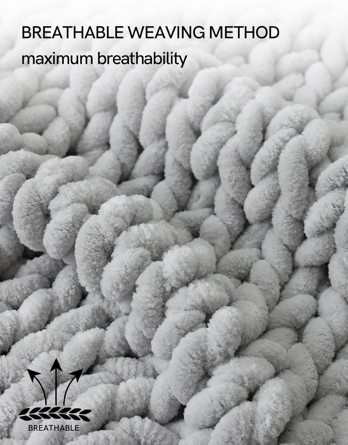 YnM Chunky Throw Blanket, Medium-Weight, Hand Knitted with Chenille Yarn, Skin Friendly, Ventilated and Breathable, Machine Washable, Home Décor Piece for Couch Sofa and Bed (Glacier Grey, 80x87 Inch)