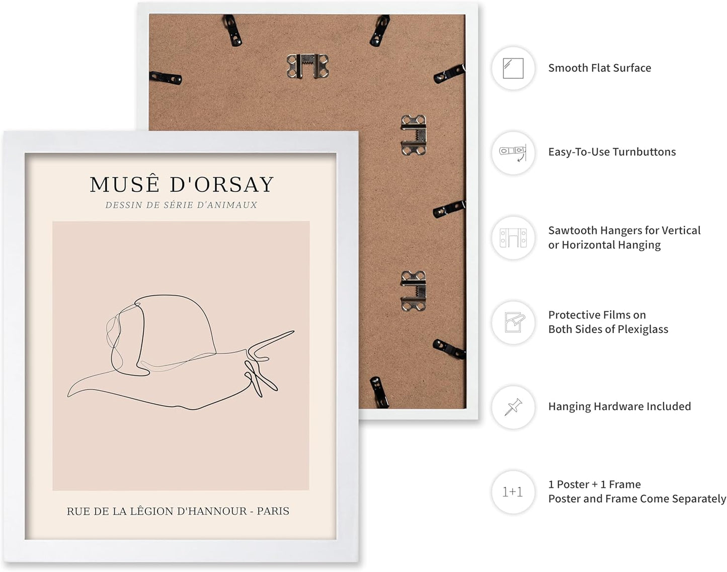 Poster Master Vintage Poster - Retro One Line Snail Drawing Print - Snail Line Art - Minimal Gift for Men, Women, Animal Lover - Abstract Wall Decor for Home, Office, 11x14 White Framed