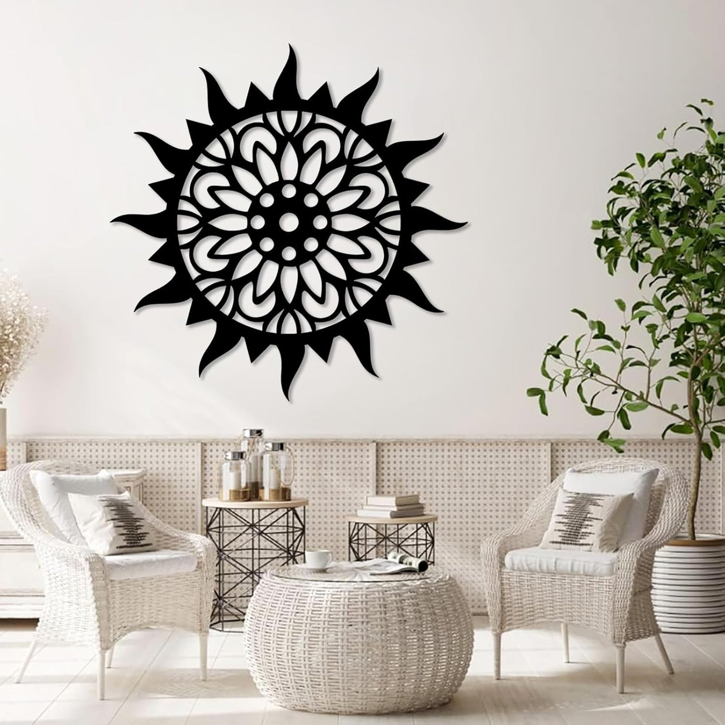 Sunburst Metal Wall Decor, Unique Sun Flower Design, Outdoor & Indoor Wall Art for Living Room, Bedroom, or Patio, Home Decor (Silver, 19"x19"|47x47cm)