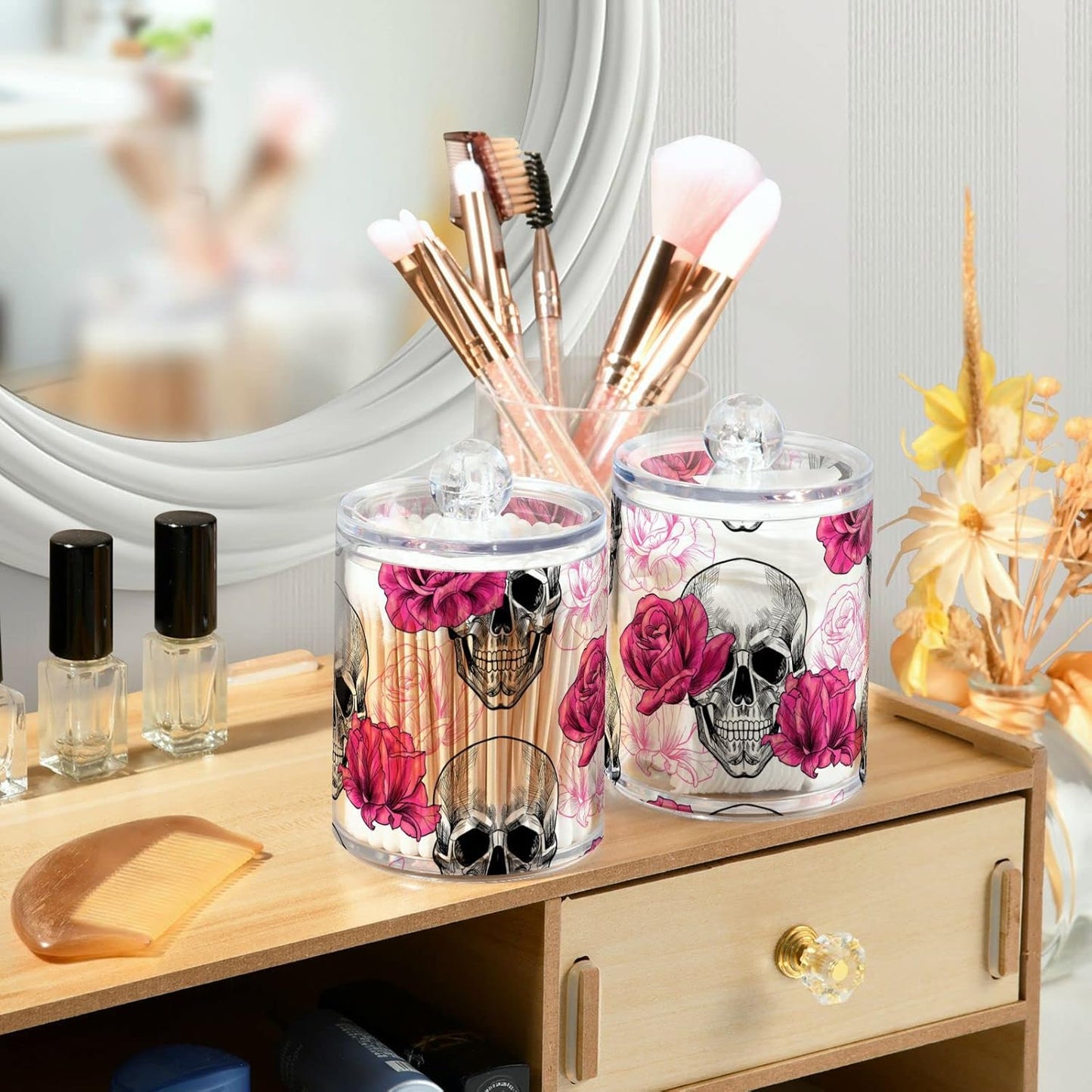 2 Pack Qtip Holder Dispenser Skull Rose Flower Bathroom Storage Canister Lid Acrylic Plastic Apothecary Jar Set Vanity Makeup Organizer for Cotton Swab/Ball/Round Pads, Floss
