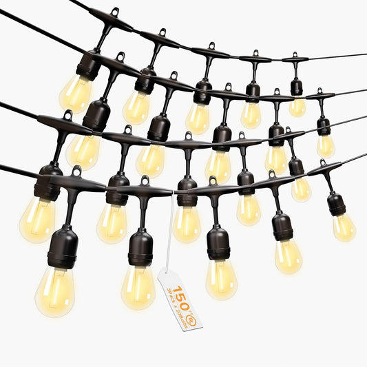 Outdoor Safety String Lights 150FT - 24V 20W Commercial Grade Low Voltage Strand with 60 S14 Shatterproof Bulbs for Tree Garden Yard Cafe Bistro | Warm Yellow 3500K | IP65 Waterproof | UL Listed