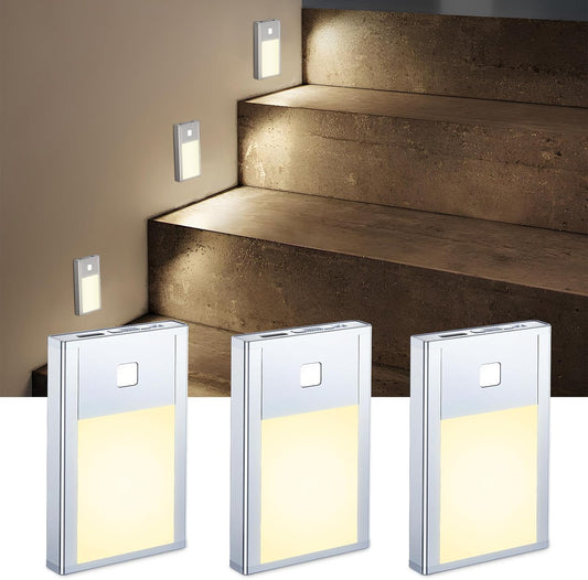 VST Motion Sensor Night Light, Rechargeable Battery Powered Led Light with Magnetic Suck Installation for Bedroom Hallway Stair Nursery Kids Room (2.68 inch 3000K 3Pack Silver)