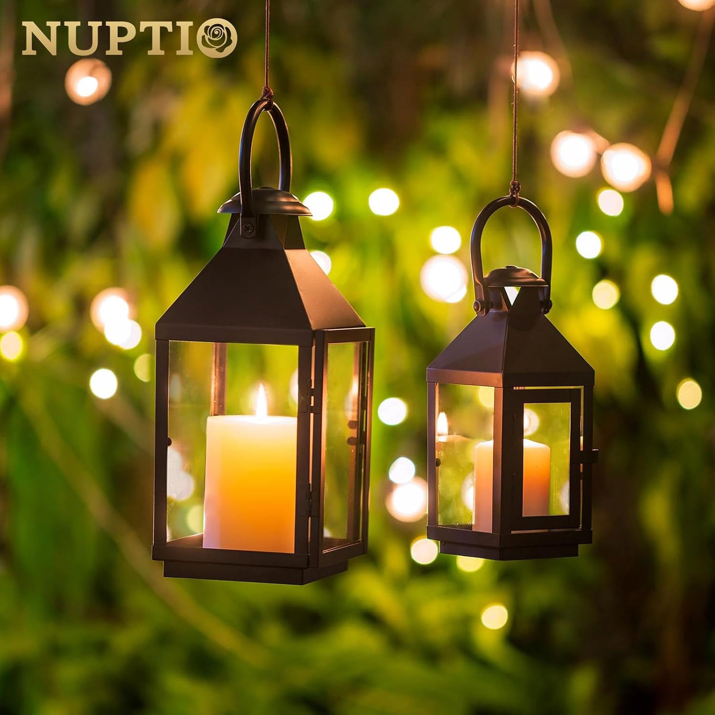 Nuptio Garden Lanterns for Candles, 20cm/7.87in Tall Vintage Style Pillar Candle Holder, Metal Halloween Candle Holders, Hanging Decorative Candle Lanterns for Wedding Christmas Parties Indoor Outdoor