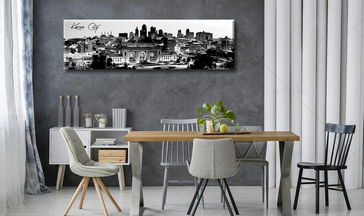 Pictures for Bedroom Black and White Wall Art Kansas City Panoramic Cityscape Skyline Canvas Art Prints for Living Room Office Home Decor Framed and Ready to Hang 13.8"x47.3"