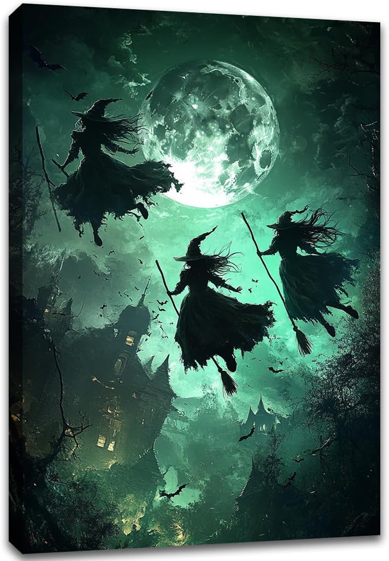 Flying Three Witches Halloween Canvas Wall Painting,Witches on Broom Under Full Moon Castle Victorian Decoration Haunted House Retro Poster for Living Room Bedroom Gallery,12"x18" Framed