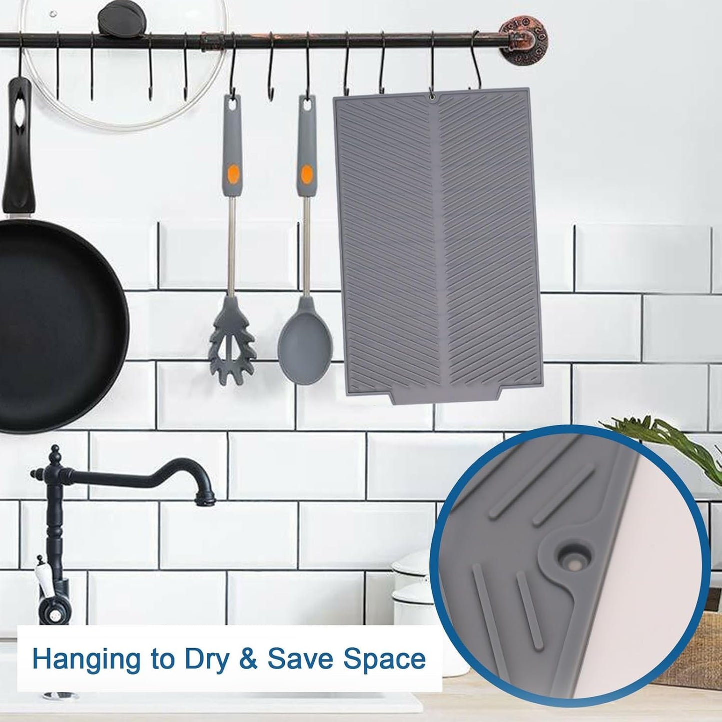 Silicone Dish Drying Mat for Kitchen Counter, 15''x 10'' Drying Mat with Drain Lip, Non-Slip Dish Drainer Mats with Built-in Drain, Heat Resistant Drain Pad on Countertop, Gray