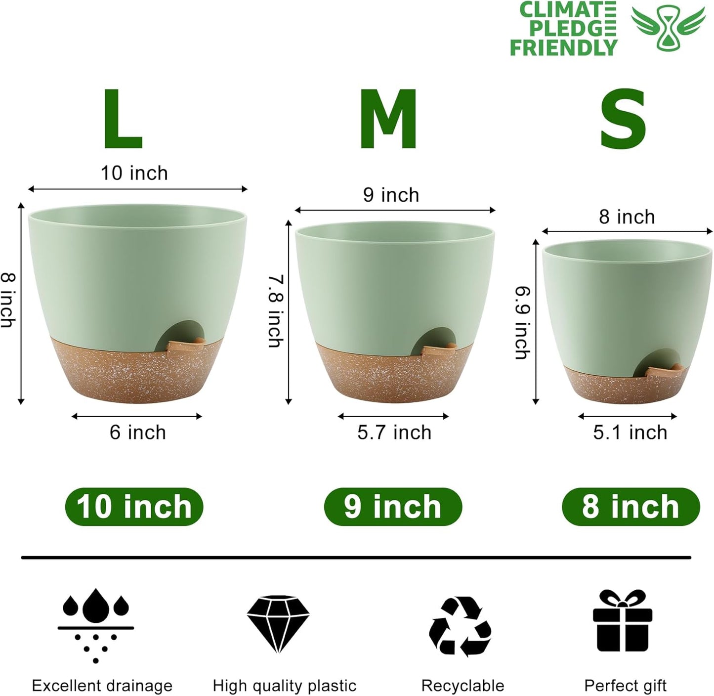 Plant Pots 10/9/8 Inch Self Watering Pots, Set of 3 Plastic Planters with Drainage Holes and Saucers,Plastic Flower Pots,Nursery Planting Pot for Indoor Out Door Plants（Green）