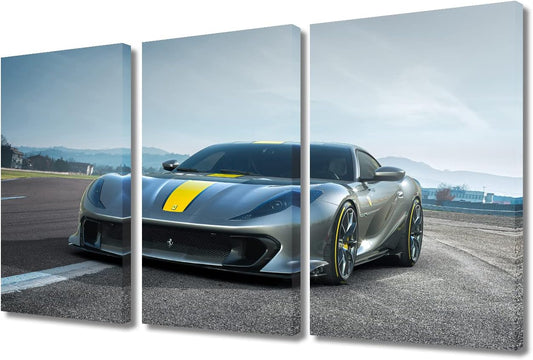 TUMOVO Supercar Wall Art for Living Room Gray Sports Car Canvas Wall Art Car on the Runway Pictures Modern Wall Decor Art for Teen Boys Mens Bedroom Office Paintings Framed Ready to Hang, 36" Wx24 H