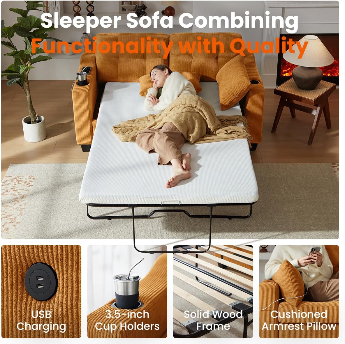 Pull Out Sofa Bed, Full Size Sleeper Sofa, 2-in-1 Convertible Corduroy Couch with USB Charging, Memory Form Couch for Living Room, Apartment and Small Space (Mustard Yellow, Corduroy - Full Size)