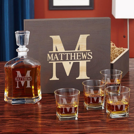 Custom Whiskey Decanter and Whiskey Glasses Set in Handcrafted Box