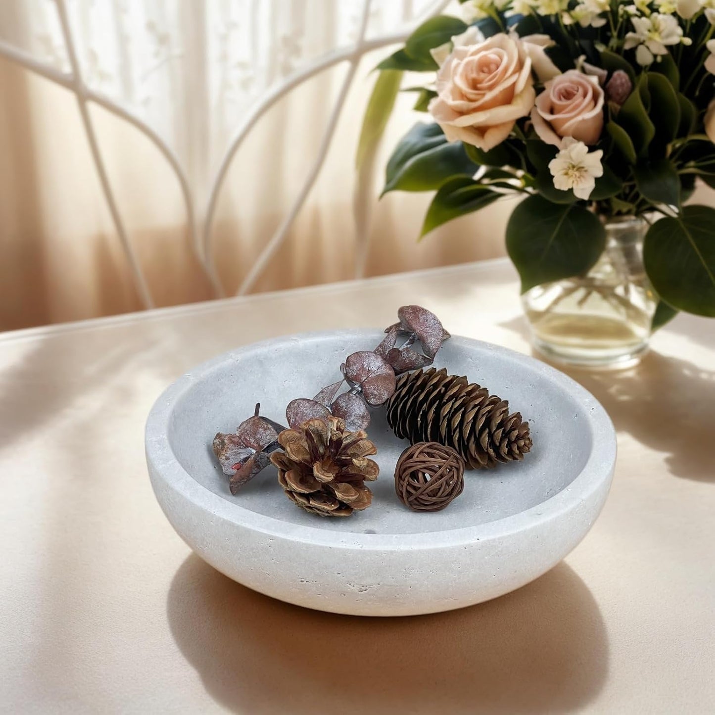 Travertine Decorative Bowls for Home Decor, Fruit Bowl for Kitchen Counter, Keys Bowl for Entryway Table, Large Candy Serving Bowl for Table Centerpiece Office Modern Home Decor (Light Gray)