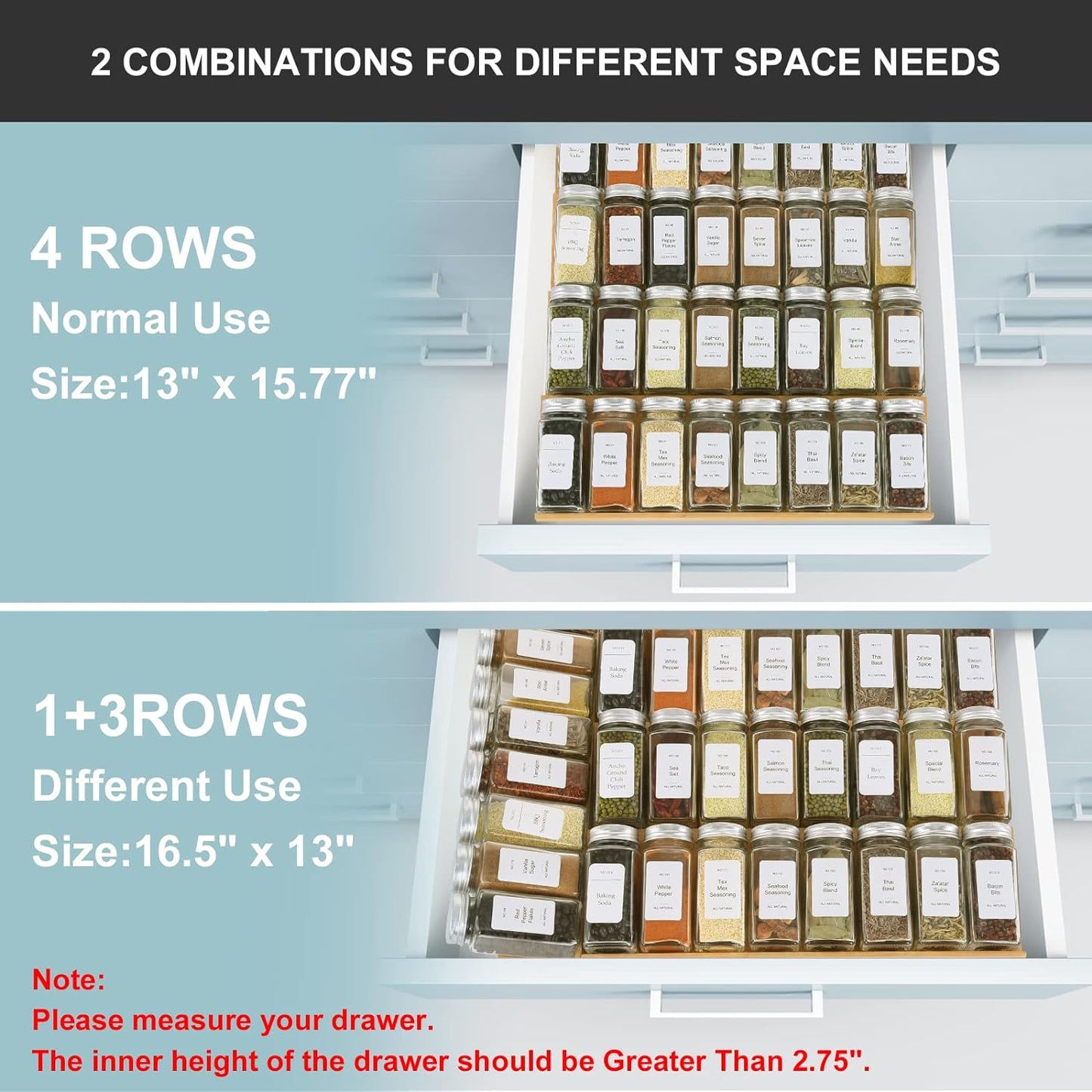 Spice Drawer Organizer with 24 Spice Jars and 216 Labels,Non-slip Rubber, Bamboo 4 Tier Spice Racks Tray Seasoning Containers for Kitchen Drawers,Cabinets,Countertops,13" Wide * 15.8" Deep