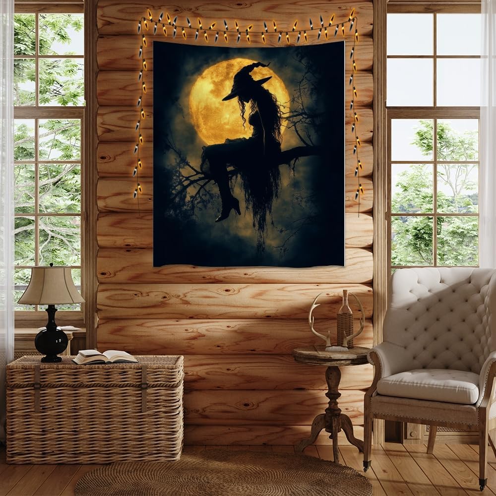 Halloween Witch Tapestry Wall Art Witchcore Moon Aesthetic Print Dark Academia Gothic Tapestries Wall Hanging Horror Ghost Halloween Party Decor for Home Living Room Bedroom 50x60inch