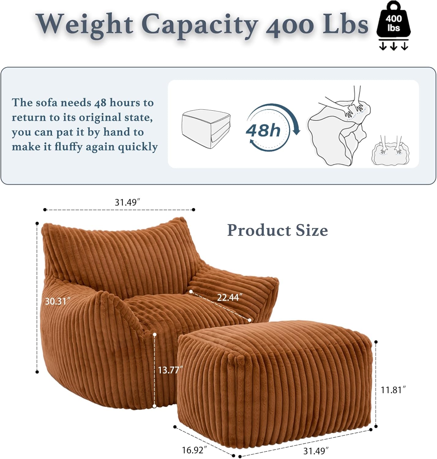 Oversized Bean Bag Chaise Lounge Chair Indoor for Adults with Armrests & Ottoman - Giant Comfy Orange Beanbag Floor Sofa Cloud Accent Chair for Reading, Gaming, Cozy Plush Cloud Mini Couch