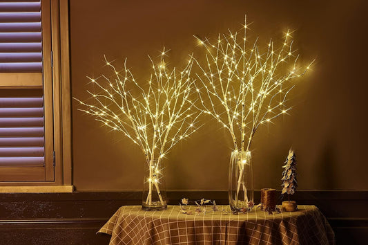 Fudios Lighted Branches 150 LED Fairy Lights with Timer 32in Plug in, Electric Lit White Birch Twigs for Vase Christmas Inside Outside Decor