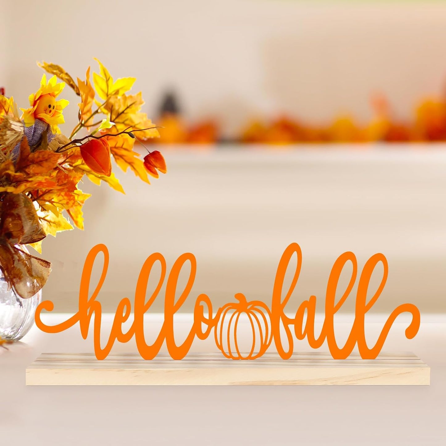 COCHIE Metal Hello Fall Sign, Orange Fall Decorations for Home, Office, Shelf, Mantel, Indoor, Autumn Decoration, Pumpkin Decor (Autumn B)