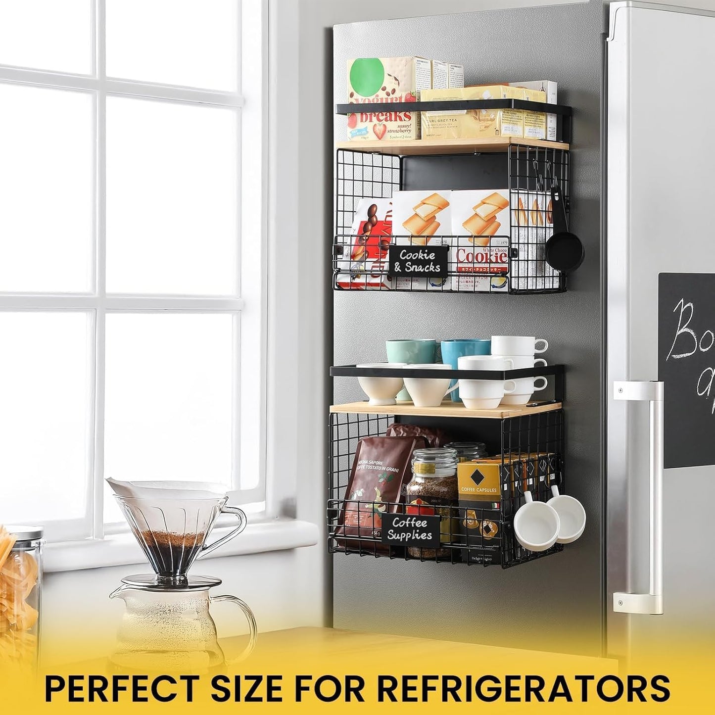 [WIDER Shelf]2 SET Strong Magnetic Shelf Basket for Fridge with Tag & Bamboo Top, XXL Large Magnetic Spice Rack Shelves for Side of Refrigerator, Kitchen Pantry Storage Organizer for Food Fruit Veg