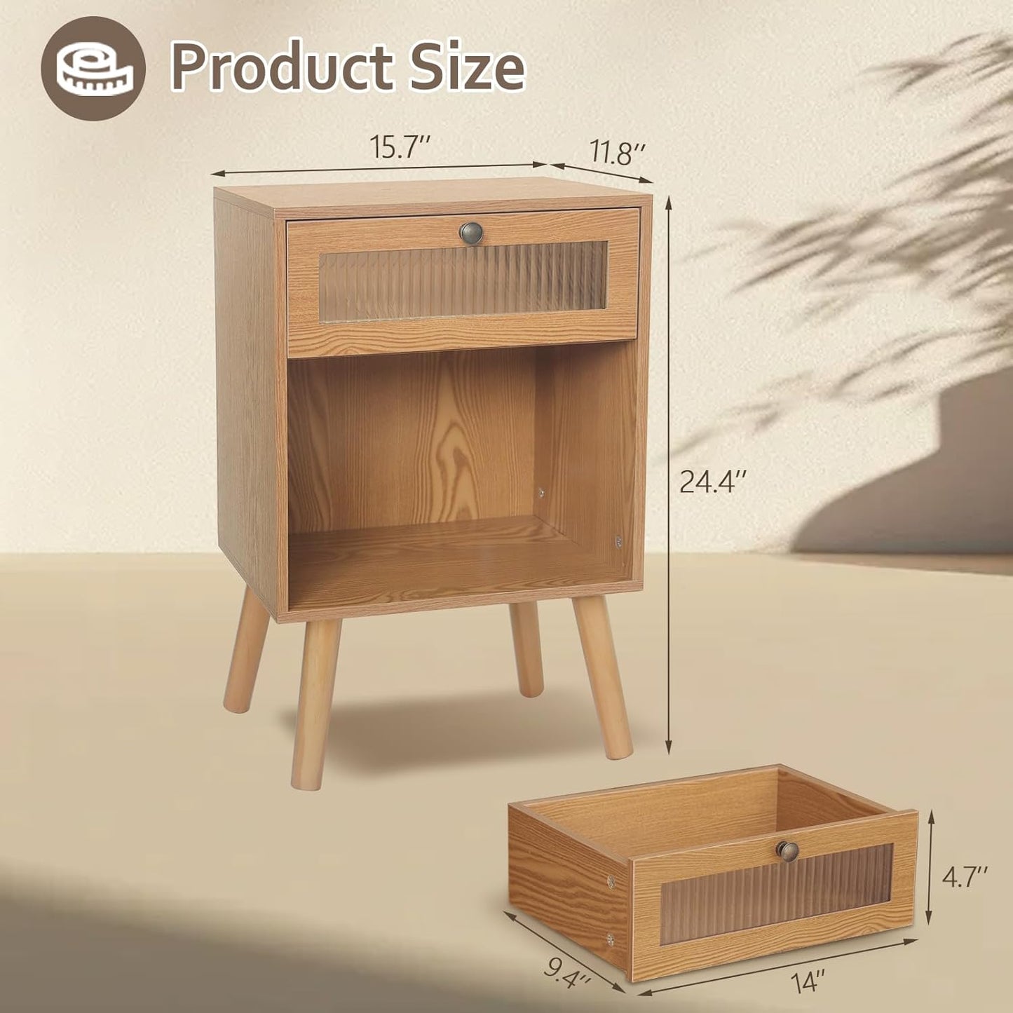 AWASEN Mid Century Nightstand, Bedside Table with Glass Storage Drawer and Large Open Shelf, Modern Night Stand Side End Table with Solid Legs for Bedroom, and Small Space, Brown