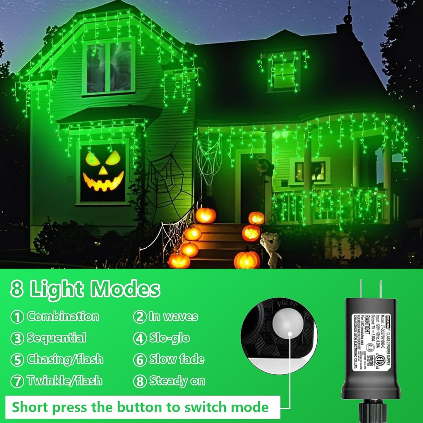 QITONG Green Icicle Lights for Outside, 33ft 400 LED Halloween Light Plug in with 8 Modes, Clear Wire Connectable Christmas Lights Indoor with 80 Drops