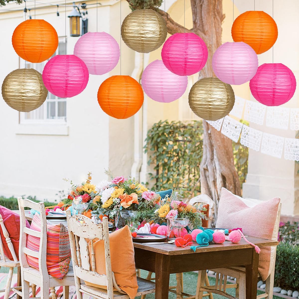 Paper Lanterns Pink Orange Gold Round Hanging Chinese Lanterns for Birthday Party Baby Shower Bridal Shower Decorations Pack of 12