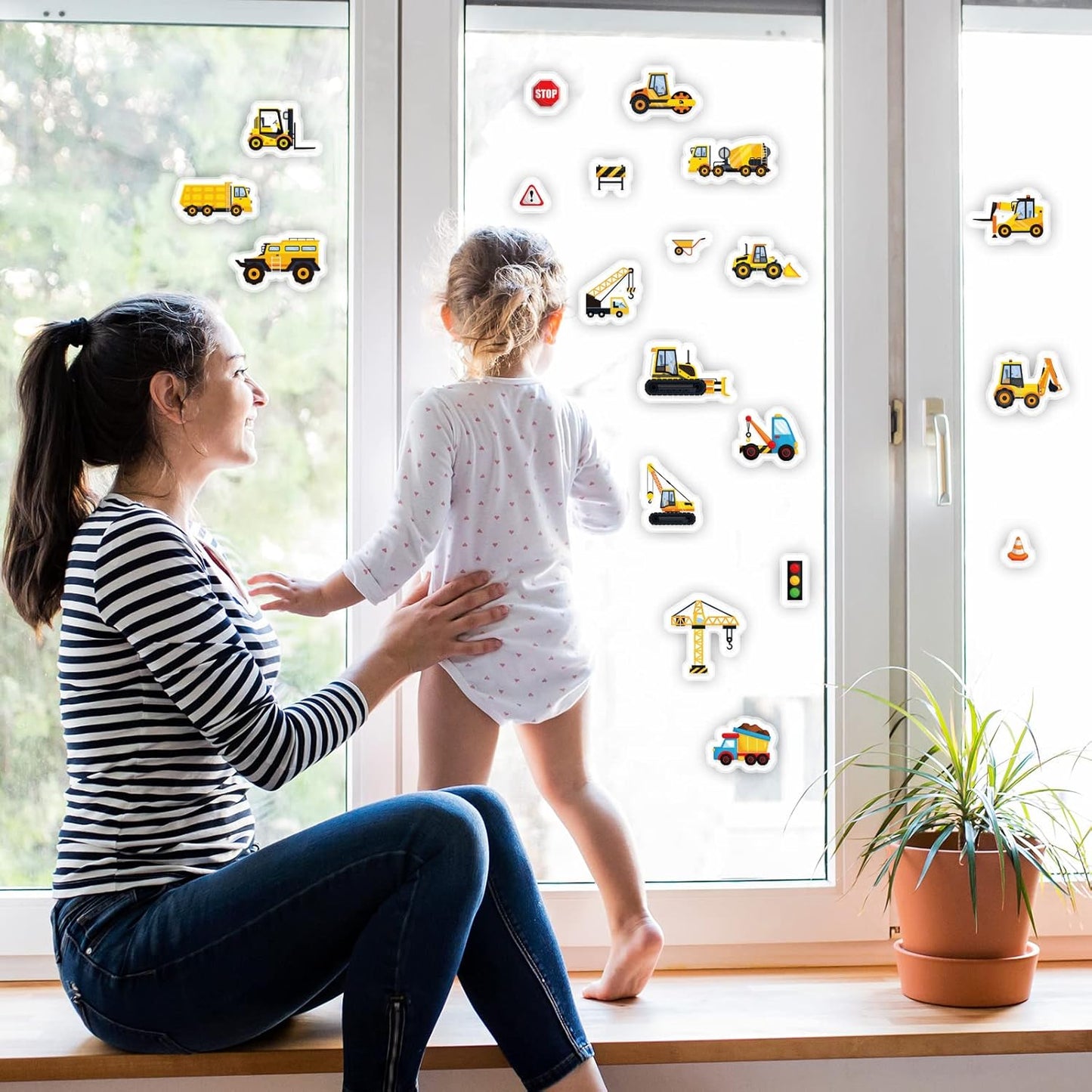 Tevxj Construction Vinyl Gel Clings, 20 Pcs Yellow & Black Transportation Stickers for Kids, Reusable Wall & Window Decor, Airplane, Truck Decals, Party Supplies