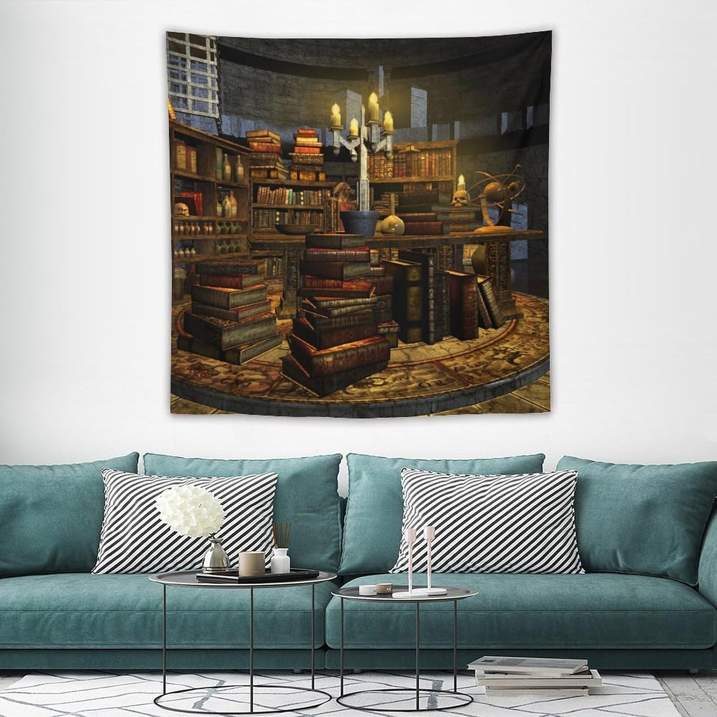 Kurtect Library Tapestry,Vintage Medieval Bookshelf Wooden Bookcase Antique Magic Art Tapestries for Party Beach Picnic Blankets Tablecloths Living Room Wall Deocr, 60x60 in