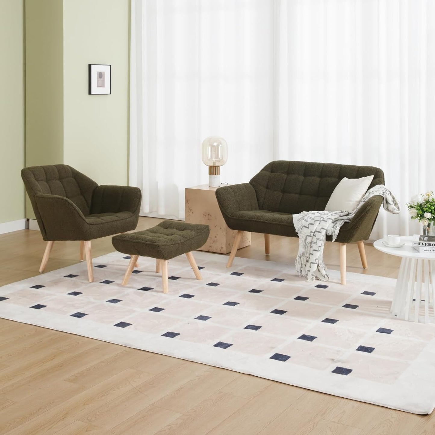 Modern Sherpa Accent Chair with Ottoman, Fluffy Upholstered Lounge Chair with Footrest, Comfy Living Room Side Boucle Armchair for Small Space Bedroom Apartment, Green