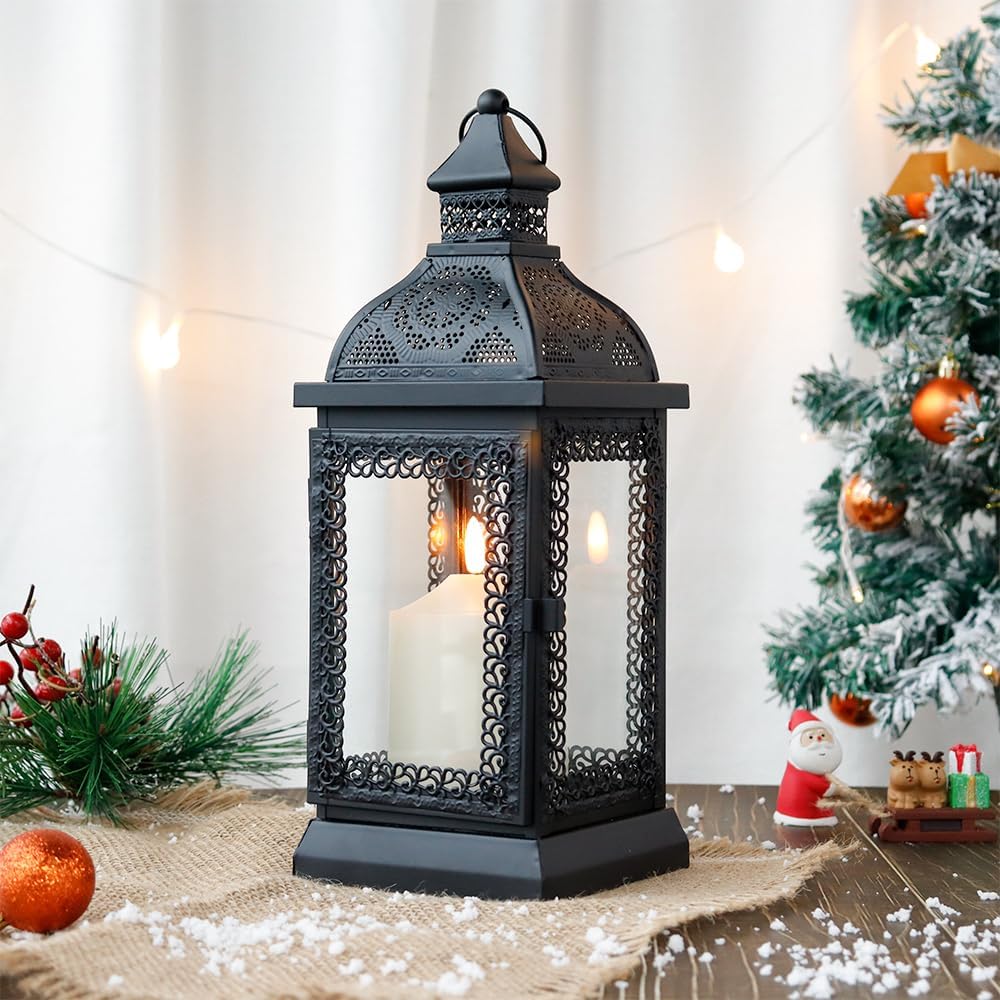 TRIROCKS Rustic Style Metal Candle Lantern 13'' High Decorative Outdoor Lantern Candle Holder with Tempered Glass for Christmas Living Room Garden Patio Parties Indoors Outdoors (Black)