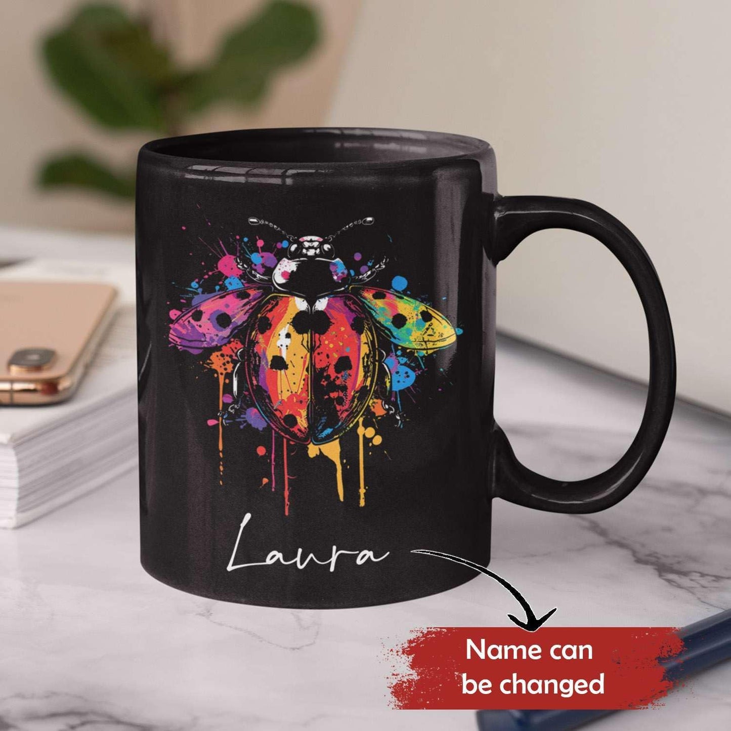 Personalized Choose Name Ladybug Coffee Mug, Colorful Ladybug Animal Design Cup, Customized Ladybug Lover Ceramic Mug, Gift For Christmas, Custom Animal Black Cup 11oz 15oz, Ladybug Mug