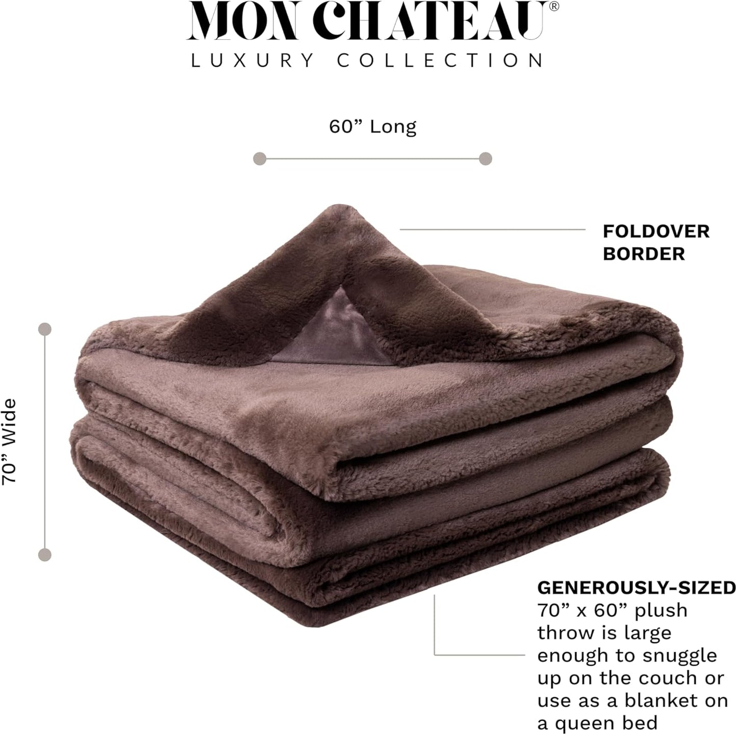 Mon Chateau Luxury Ultimate Plush Faux Fur Throw with 6cm Foldover for Couch, Sofa, or Bed - Plush Ultra Soft Blanket for Sleeping or Home Décor, 60" x 70" (Foldover Brown)