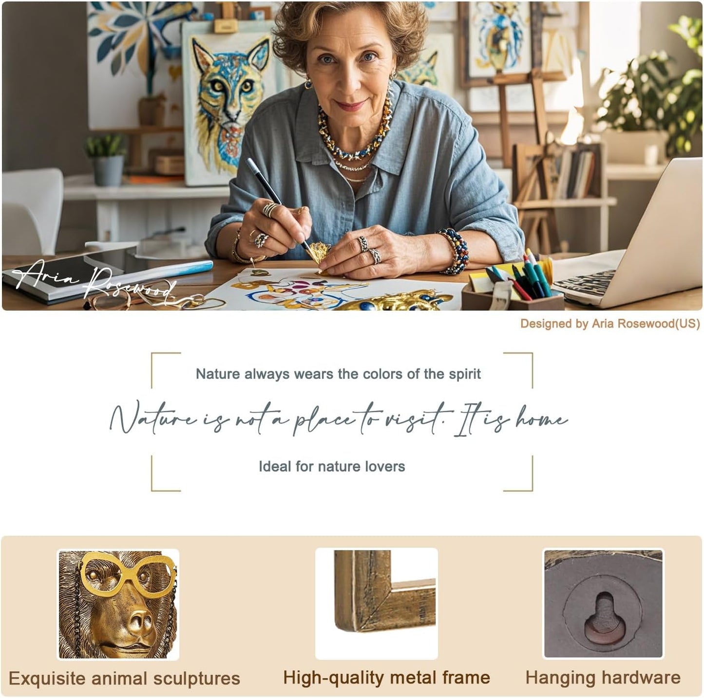 Animal Heads Wall Decor (Includes Metal Frame) Resin Animals Sculptures Head Wall Hanging Decoration Gold vintage Wall Sculpture for Living Room Bedroom Office(Bear)