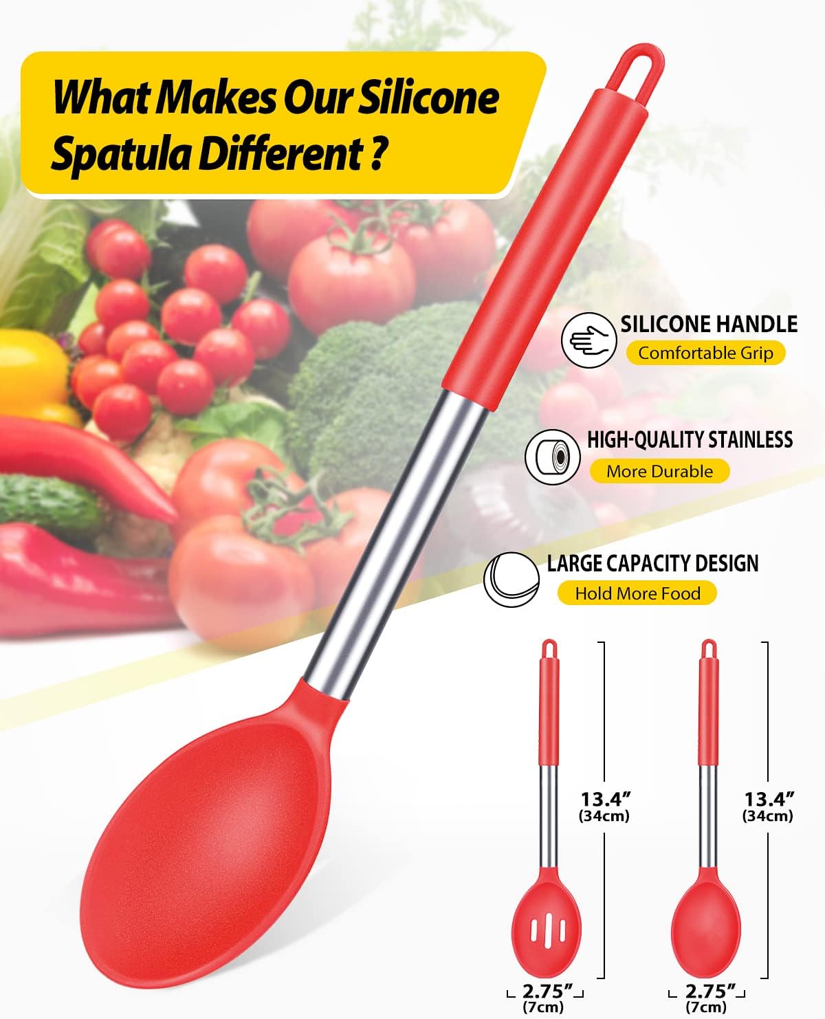 Pack of 2 Large Silicone Cooking Spoons,Non Stick Solid Basting Spoon,Heat-Resistant Kitchen Utensils for Mixing,Serving,Draining,Stirring (RED)