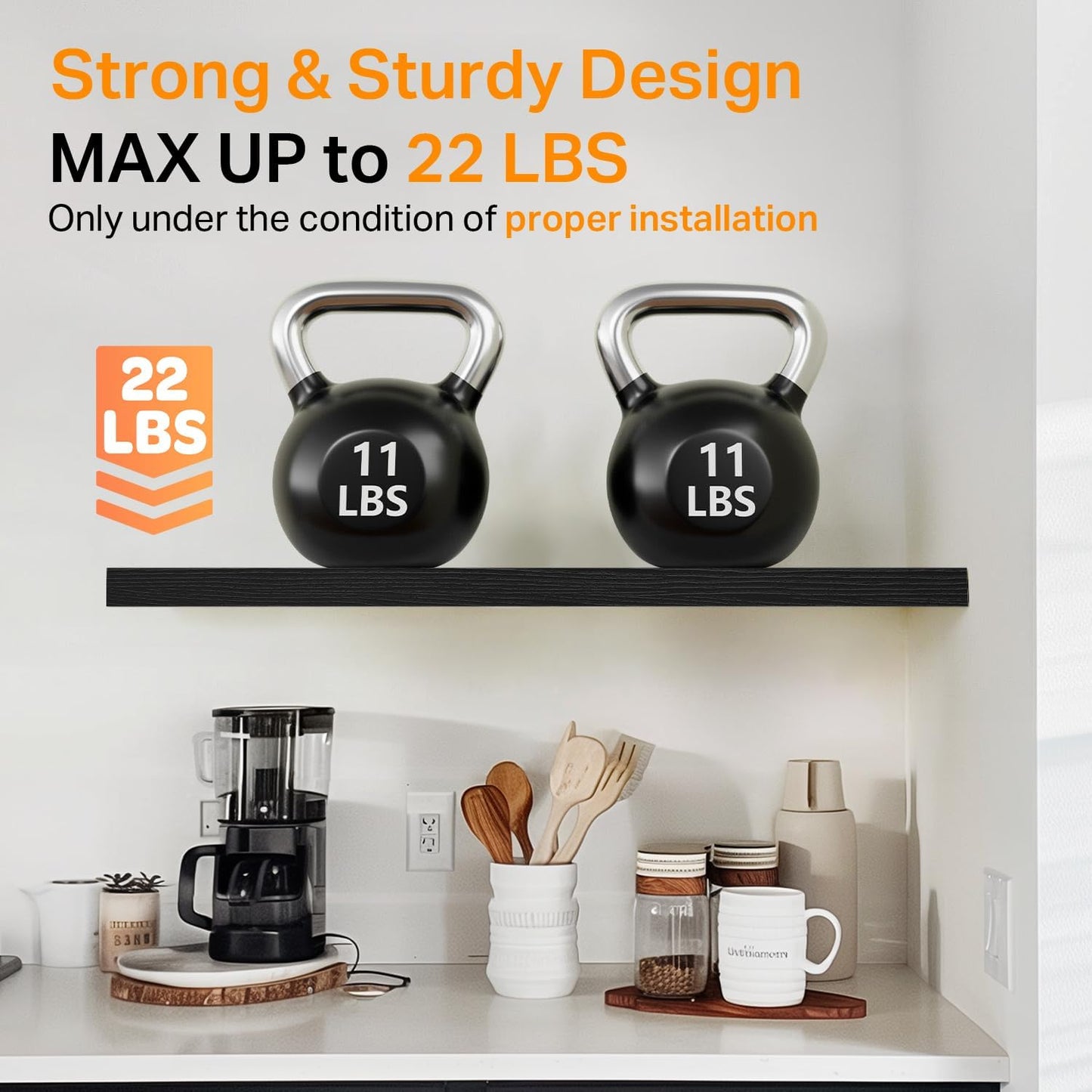 BAYKA Floating Shelves for Wall, 22.5" Wall Mounted Rustic Wood Shelves for Bathroom, Bedroom, Living Room, Kitchen, Office, Hanging Shelf for Books/Storage/Room Decor Capacity (Black, Set of 2)