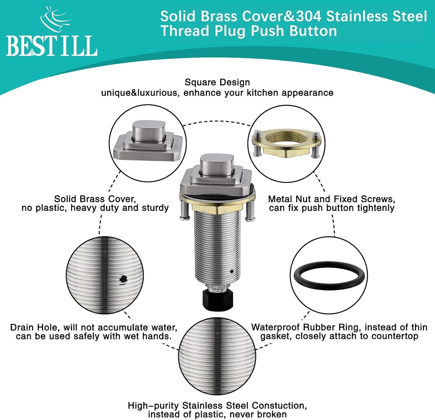 BESTILL Garbage Disposal Air Switch Kit, Square Raised Push Button Ideal for Long Nails, Cordless Sink Top Brass Switch for Food Waste Disposer, Brushed Nickel, Compatible with all Garbage Disposals