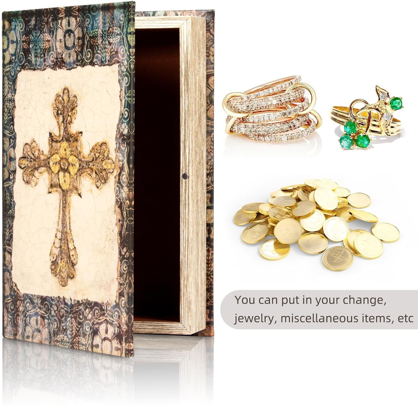 Vintage Style Wooden Decorative Book Box - Faux Leather, Christian Cross Pattern, Gift Idea