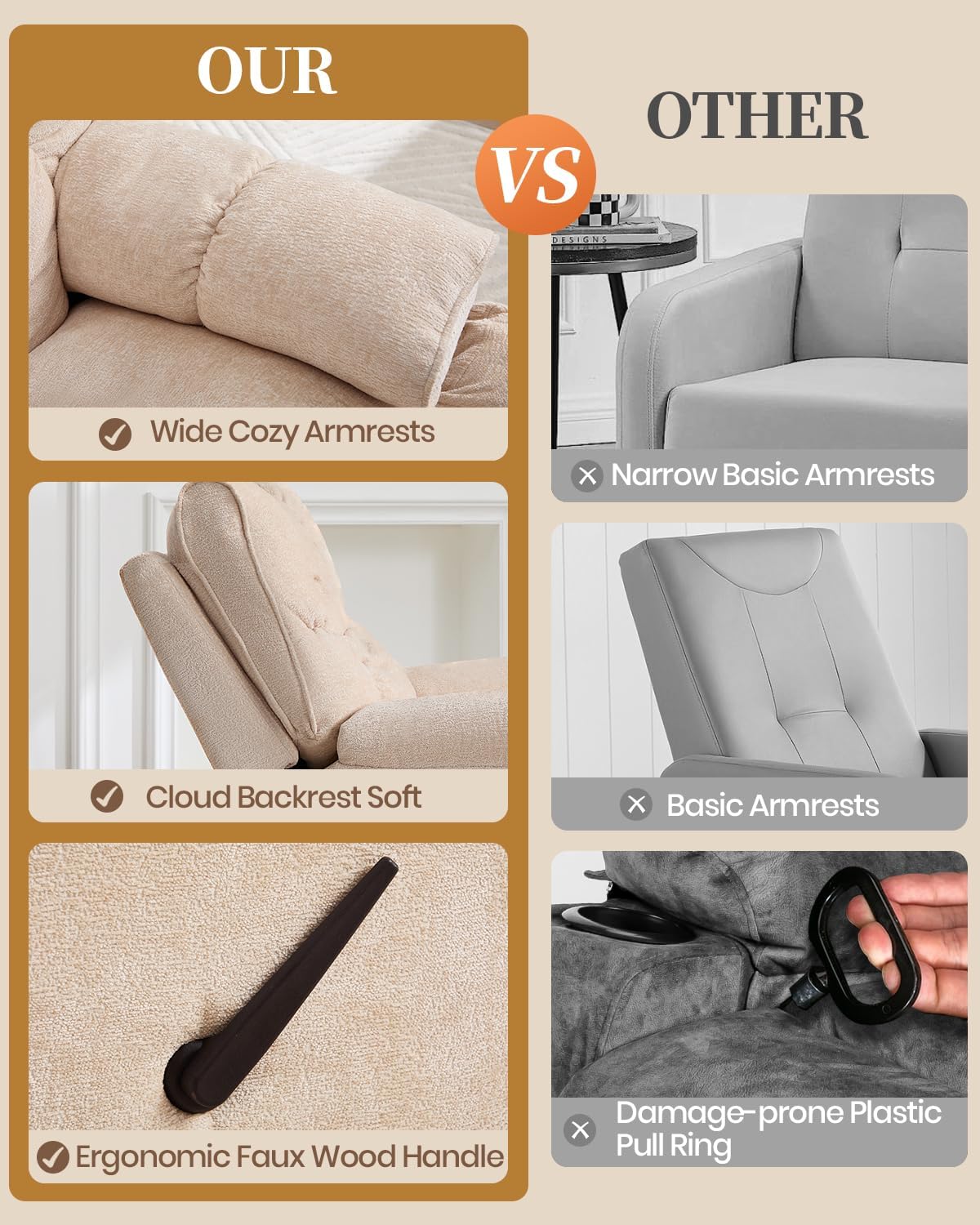 Oversized Recliner Chair Manual Swivel Rocker Recliner for Living Room Chenille Overstuffed Nursery Reclining Sofa Chair Rocking Recliners for Adults 400lbs (Manual, Beige)