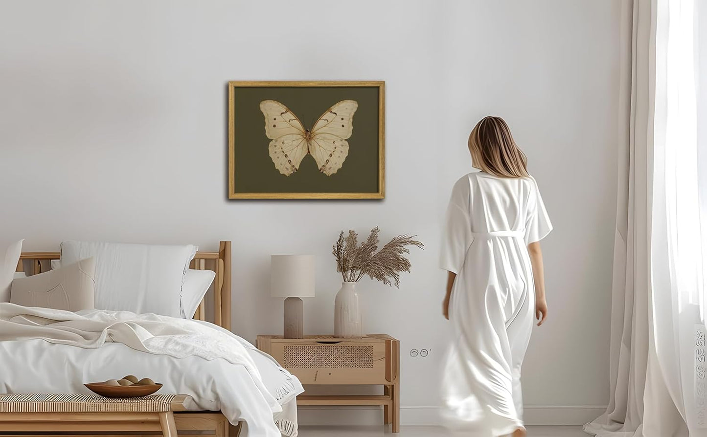 Wood Framed White Butterfly Wall Art, Vintage Butterfly Oil Paintings, Dark Moody Insect Canvas Prints, Boho Sage Green Wall Decor, for Bedroom Kitchen Bathroom Cottagecore Room Decor - 16x24 Inch