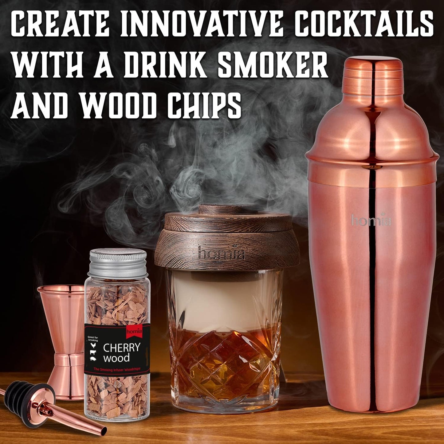 Bartender Kit with Whiskey Smoker - 13 pcs, Bamboo Stand - Bar Set with Cocktail Shaker, Bartending Kit with Essential Bar Accessory Tools, Wood Chips, Pink Gold