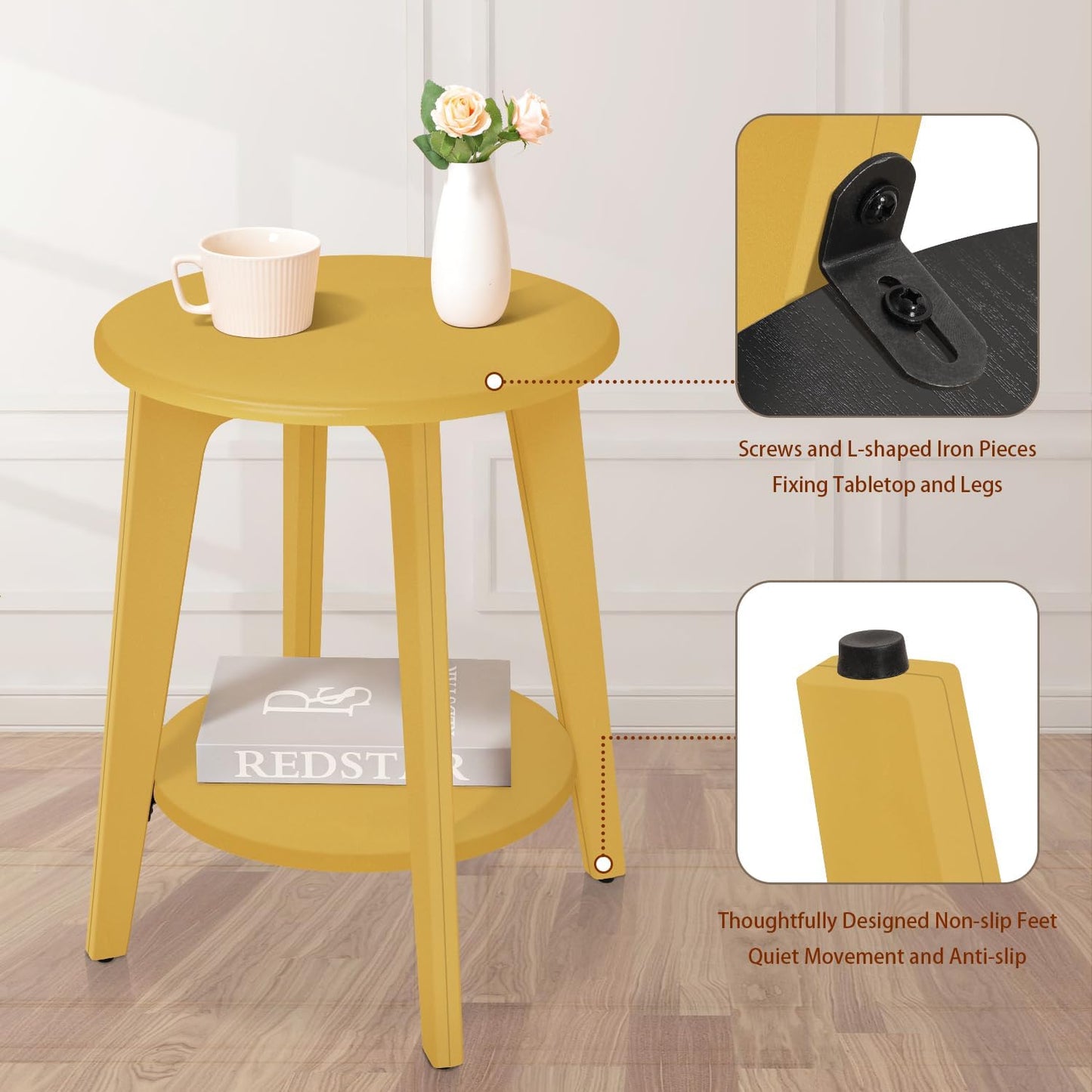 Round Side Table Gold Wooden End Table with Lower Shelf Rustic Vintage Nightstand Beside Table for Living Room Bedroom Small Spaces