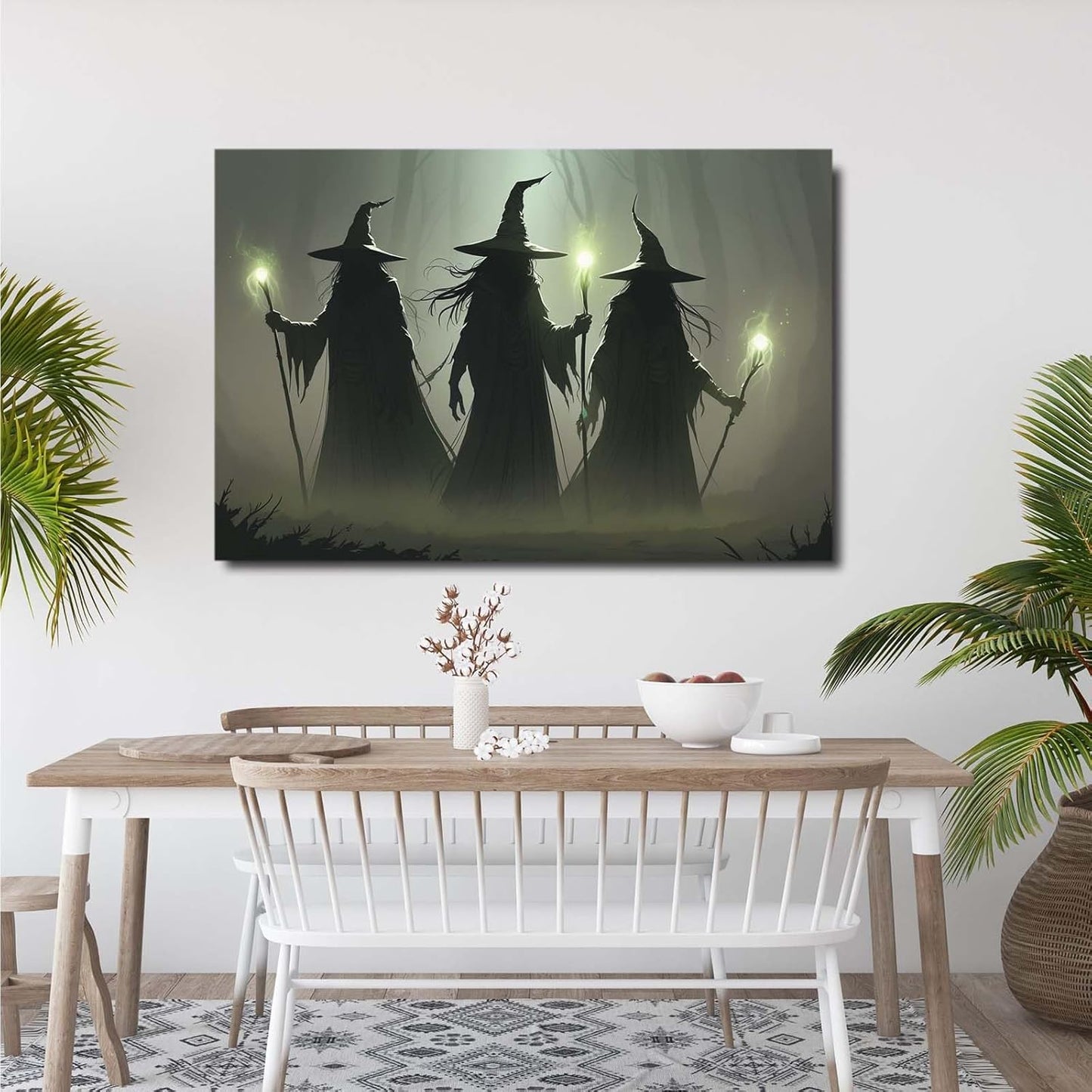JFHCQJPK Vintage 3 witches canvas wall decor melancholy dark Halloween poster wall decor holding a staff print Gothic horror Halloween painting print for living room bedroom8x12in Frameless