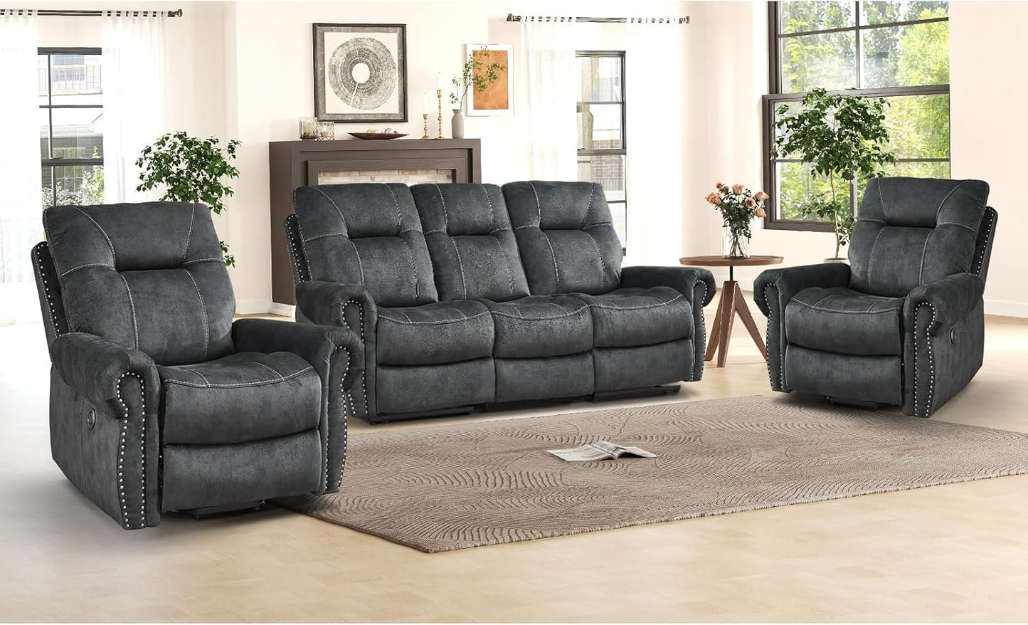 EBELLO 3 Pieces Reclining Couch Furniture Set for Living Room, Double 1 Seat Power Recliner Chair with Massage and Heat, a 3 Seater Manual Sofa, Vintage Rivet Mid-Century Design, Grey