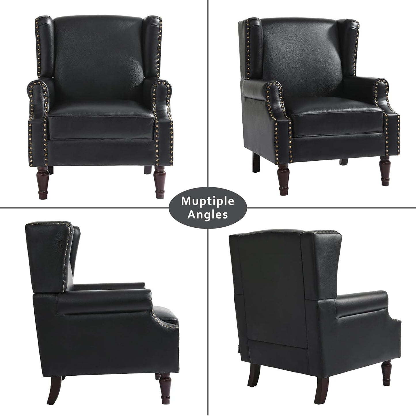 Accent Chair, Faux Leather High Back Armchair or Living Room, Comfy Upholstered Single Sofa Reading Chair with Solid Wood Legs for Office, Bedroom, Waiting Room-Black