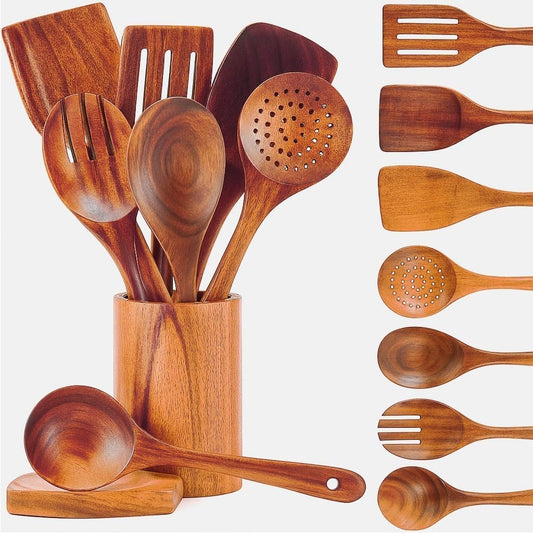 Riveira's 9-Piece Dark Brown Kitchen Essentials Wooden Cooking Utensils Set - Complete Kitchen Utensils Set for Gourmet Results