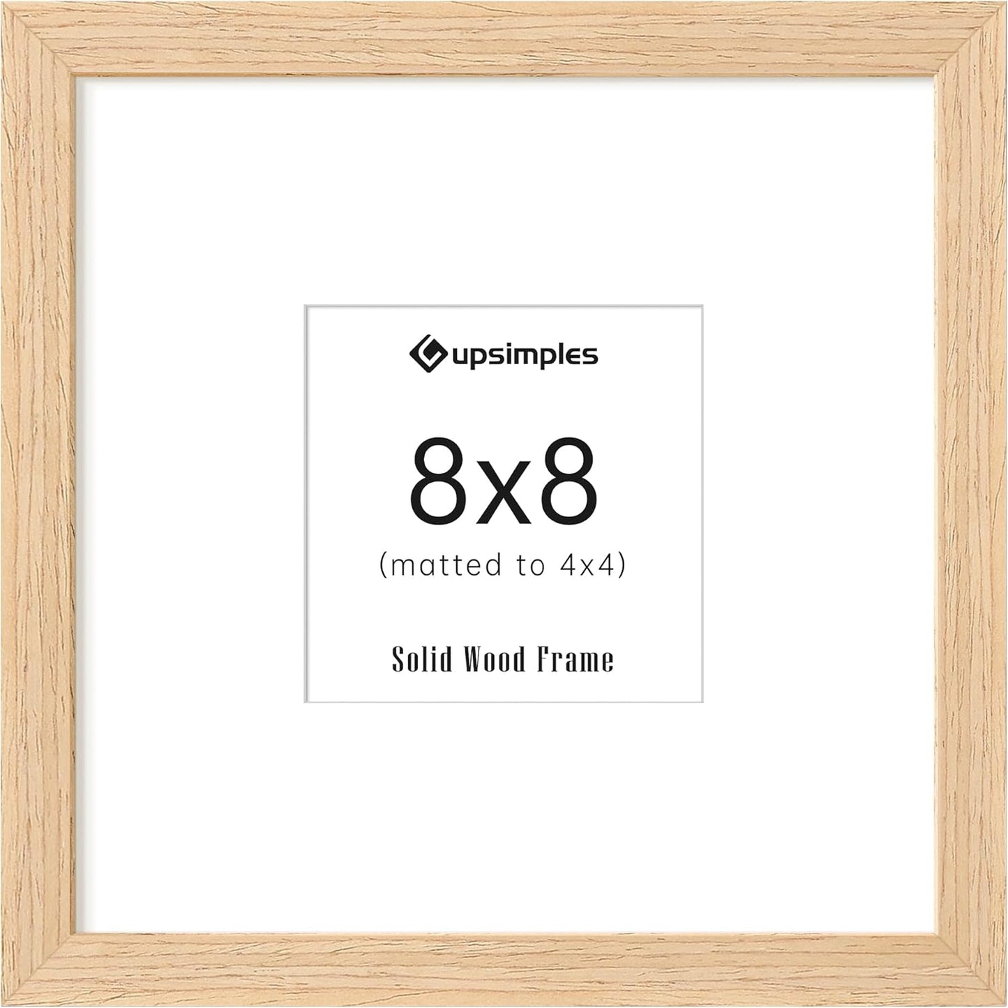 upsimples 8x8 Picture Frames, Natural Solid Wooden Picture Frames, Display 4x4 with Mat or 8 x 8 Without Mat, Wall or Tabletop, 1 Pack, Natural