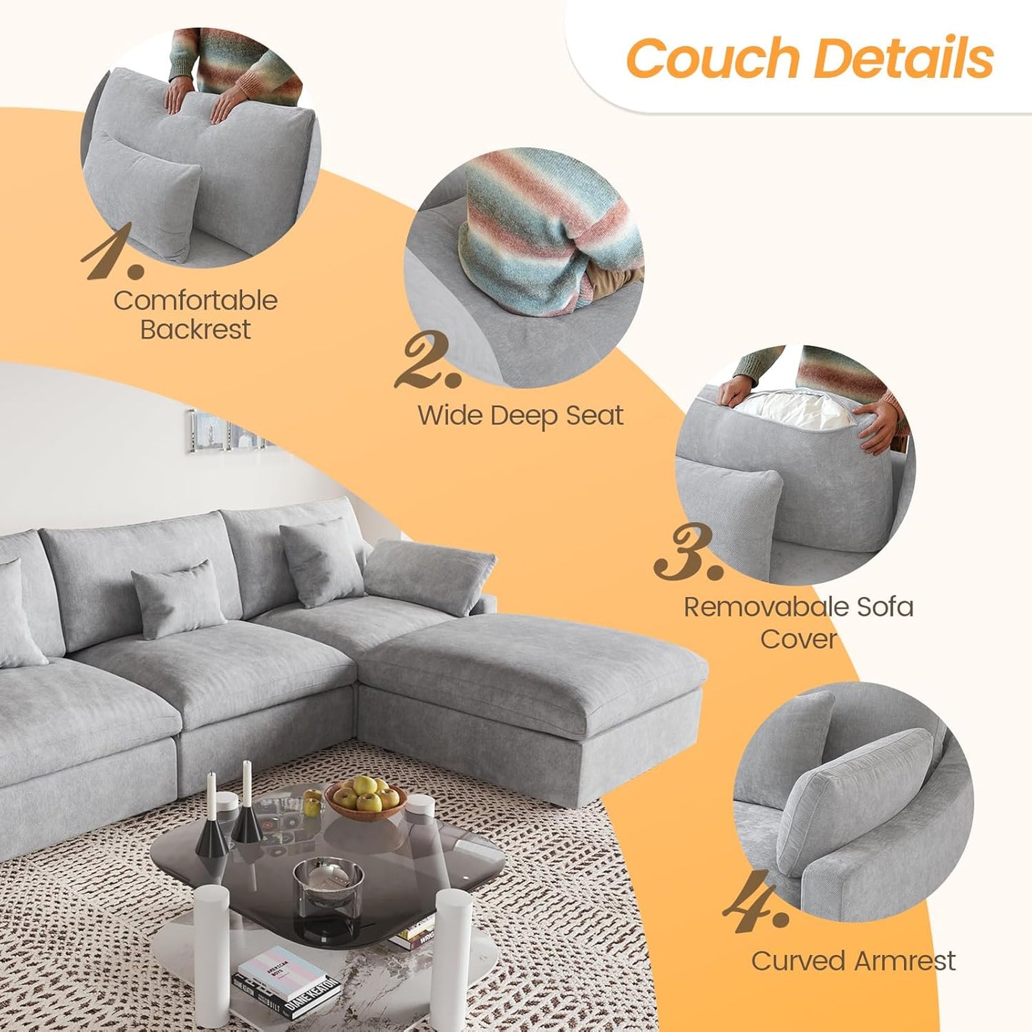 JACH L-Shaped Sectional Couches for Living Room, Cloud Sectional Couch with Deep Seat, Modular Sectional Sofa with Chaise, Covers Removeable & Washable, Sofas Furniture for Living Room, Light Grey