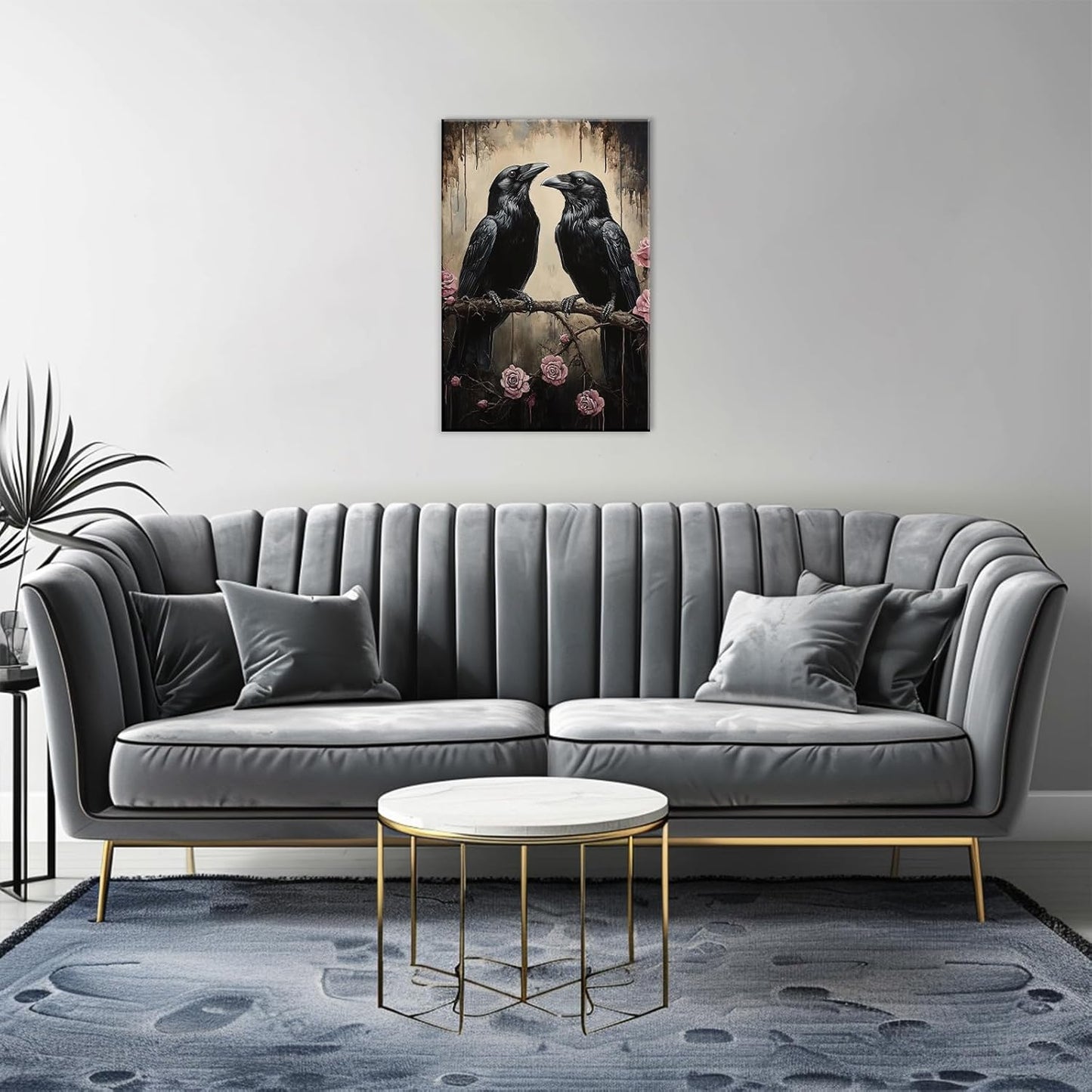 OAAPITI Crow Canvas Wall Art Black Raven Picture Print Pink Rose Poster Vintage Gothic Painting Artwork for Living Room Halloween Decor(Artwork-6,24"x36")