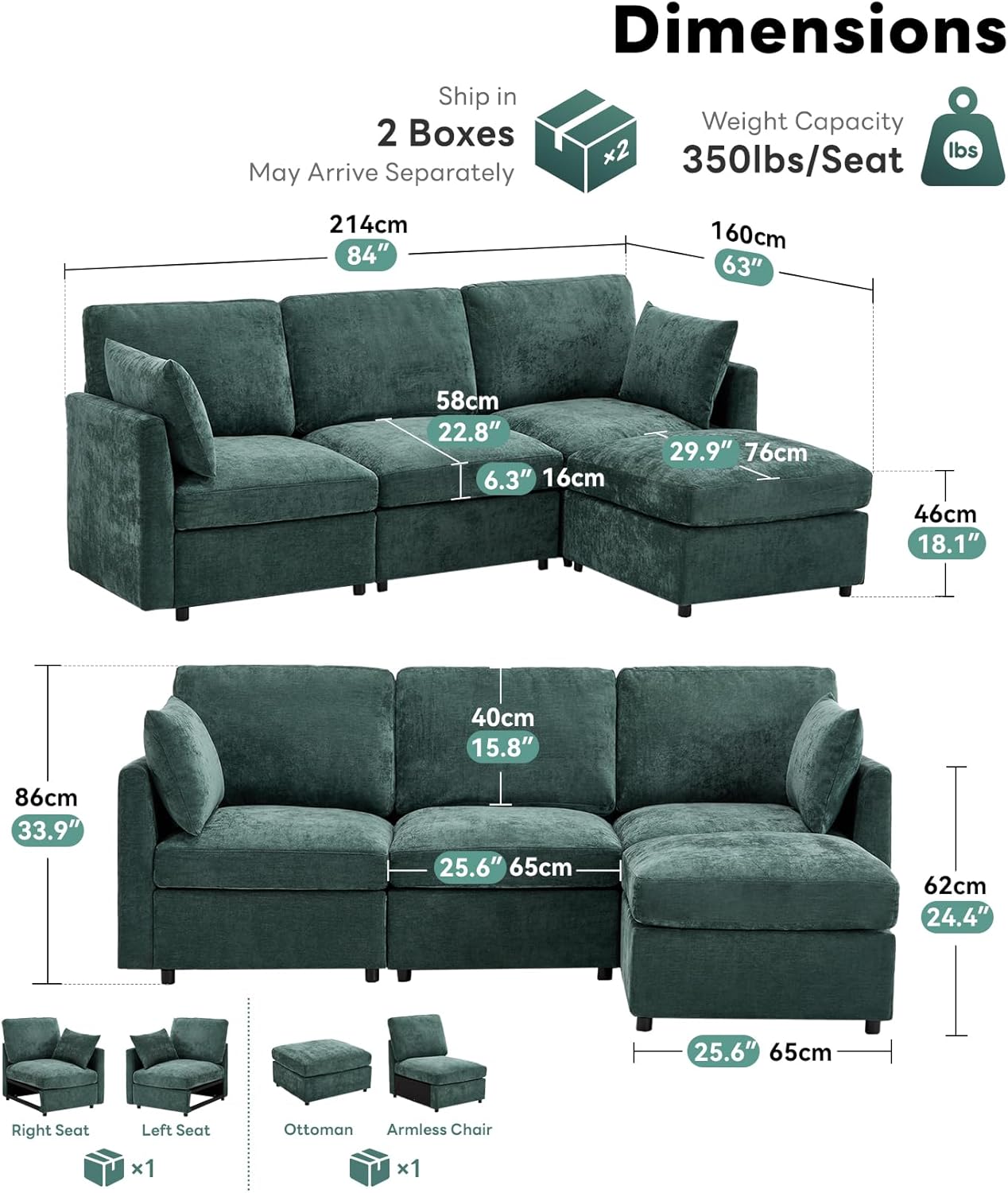 Tbfit 85" Convertible L Shaped Couch, Sectional Sofa for Living Room,Chenille Cloud Couch with Ottoman 4 Seat, Green